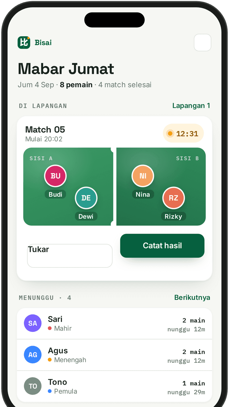 Layar sesi Bisai: match yang sedang berjalan dan daftar pemain yang menunggu